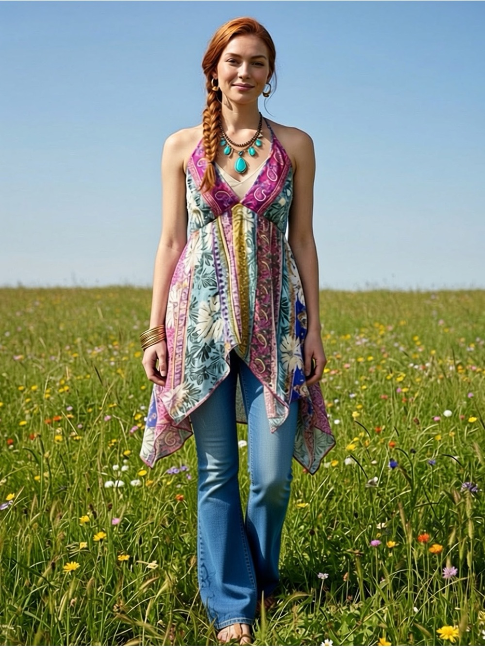 Boho Patchwork Halter Mini Dress in Pink, Teal & Cream